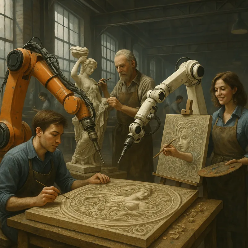 Human-Tech Harmony - A serene industrial setting where human artisans and robots co-create intricate artworks, symbolizing the harmonious blend of creativity and technology in the Industry 5.0 era. - AI image generated with GPT Image