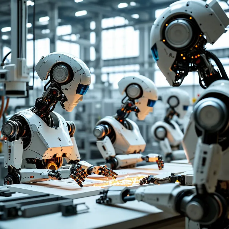 Human-Tech Harmony - A serene industrial setting where human artisans and robots co-create intricate artworks, symbolizing the harmonious blend of creativity and technology in the Industry 5.0 era. - AI image generated with Nova Canvas