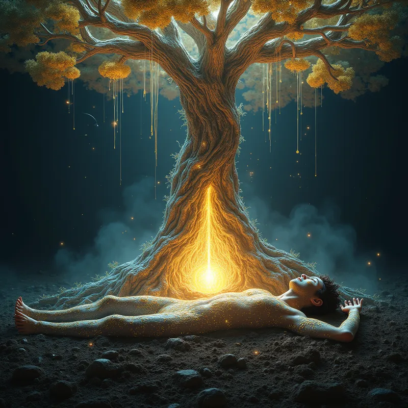 Humanoid Tree-God's Radiant Rebirth - Prompt: A surreal, high-symmetry masterpiece of a Humanoid Tree-God lying peacefully on a bed of dark, rich soil. The humanoid is not dying, but merging with the Earth. From the ground, luminous mycelium filaments and ancient roots reach up to embrace him, weaving together to form a glowing, translucent Rebirthing Sac (an earth womb).
Inside the sac, the humanoid’s physical form is dissolving into a radiant fluid of swirling gold, electric blue, and iridescent violet—the visual manifestation of Liquid Bliss, Wisdom, and Perfect Rhythm. The fluid then concentrates and crystallizes into a single, hyper-vibrant Diamond Seed.
From this seed, the massive God-Tree erupts upward, its bark etched with glowing golden circuitry. The tree is heavy with cascading Lion's Mane icicles and golden-capped Psilocybe mushrooms, with hanging crystalline orbs containing the "Gems of Creation." Cinematic lighting, Unreal Engine 5 render, 8k, a fusion of deep organic textures and divine light. - AI image generated with Photorealistic 2