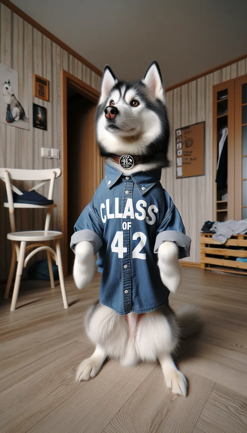 Husky in Graduation Gear - A 12-year-old Siberian Husky is standing on two legs like a human and wearing clothes. There is an ornament on its collar that says "Class of 4-2." - AI image generated with Art
