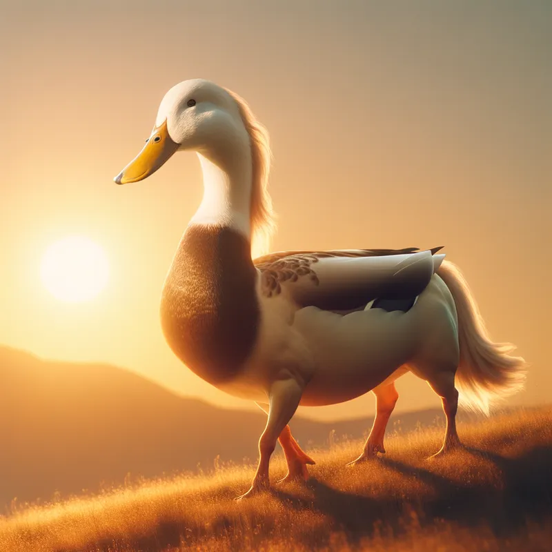 Hybrid Elegance - A majestic half-duck, half-horse creature standing proudly on a hilltop at sunset, with its unique features enhanced by the golden light. - AI image generated with Art