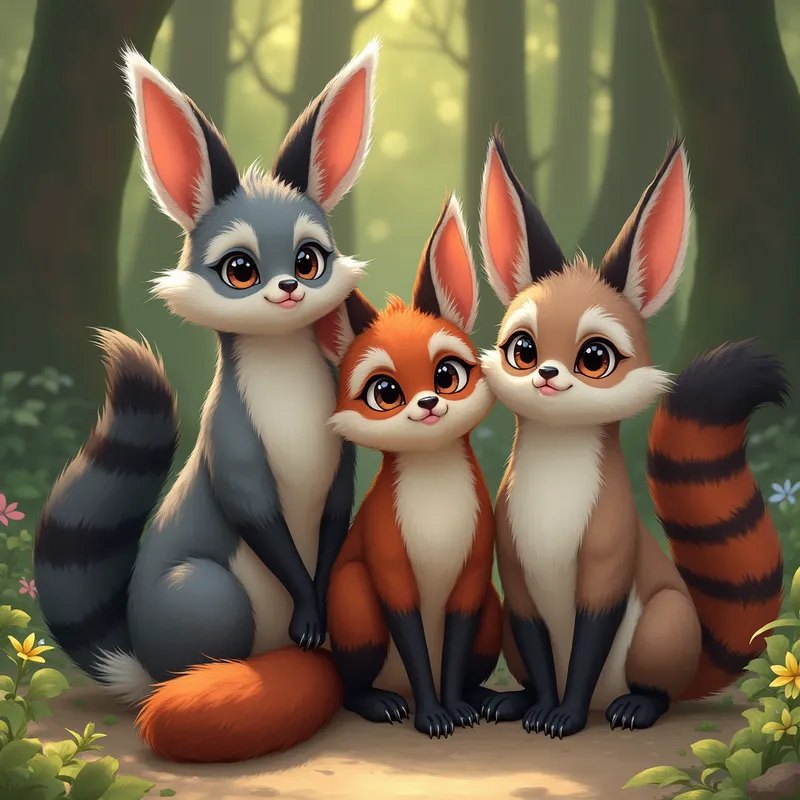 Hybrid Jackrabbit-Red Panda Family Gathering - A visually striking family composed of creatures with jackrabbit bodies and long, striped tails reminiscent of red pandas. Their faces are gentle and expressive, featuring enormous eyes. The fur is luxuriously long, merging hues of gray, red, black, and white. They interact playfully under tall trees. - AI image generated with Photorealistic 2