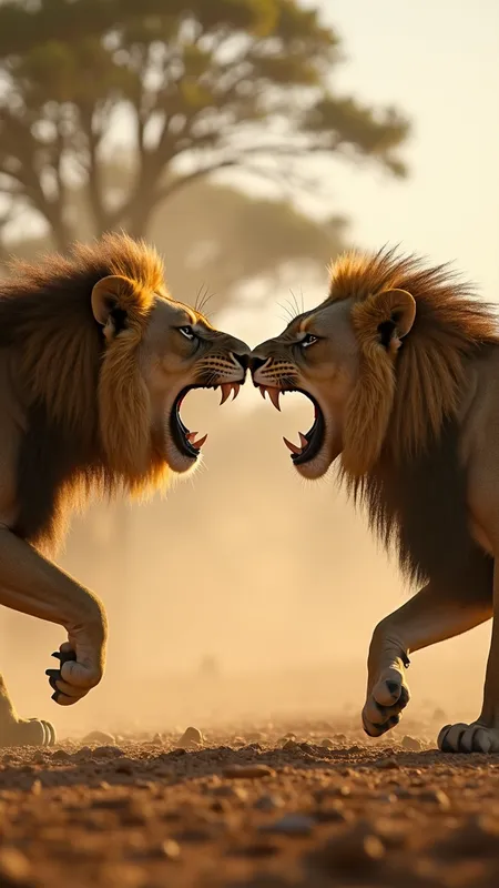 Hybrid Showdown: Savanna Standoff - Confrontation:
"Two Lion-Rex hybrids facing off aggressively, teeth bared, one roaring with visible breath in dusty air, dramatic side lighting, low angle shot emphasizing their enormous size, savanna backdrop with acacia trees, 9:16 ratio" - AI image generated with Photorealistic 2 - photorealistic, master shot