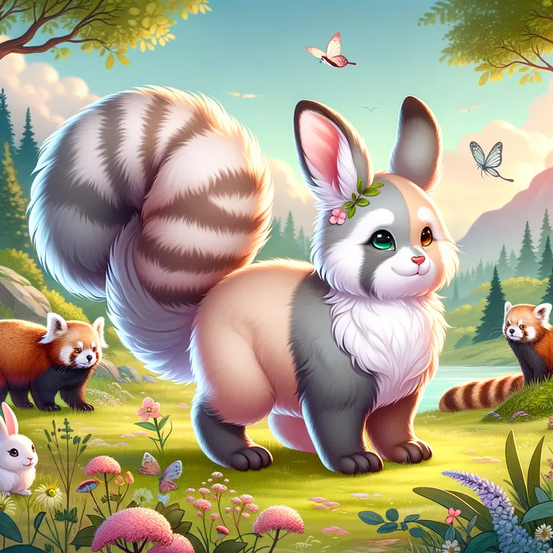 Hybrid in Harmony - A beautiful illustration depicting the peaceful coexistence of a hybrid creature, which has the cute ears of a bunny, the soft fur of a chinchilla, and the distinctive tail of a red panda. The creature is shown in a tranquil, scenic landscape, surrounded by friendly animals and blooming flowers. - AI image generated with Art