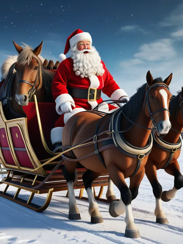 Hyper-Realistic 3D Santa Sleigh - A Santa Claus in a sleigh with 3 horses, 3D, hyper-realistic, 8k - AI image generated with Fictional