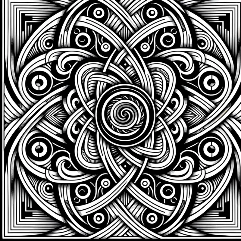 Hypnotic Geometric Fusion - A mesmerizing geometric fusion of interlocking patterns and spirals, forming a hypnotic and sophisticated black-and-white tapestry with a modern, clean aesthetic. - AI image generated with Art - contour drawings