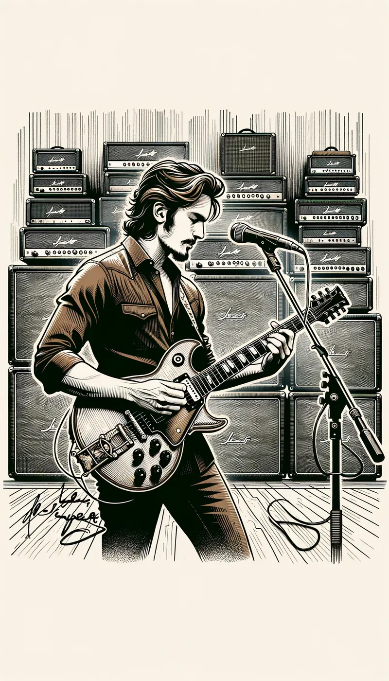 Ibane Amplifier Fantasy - A man with brown hair and a goatee is picking his Ibanez custom electric guitar with a microphone stand in front of him. Behind him is a wall of marshall amplifiers as high and wide as the room, electric atmosphere, music shaking the Wall with the elegant calligraphy of "AIDAVEY" in the bottom right corner, adding sophistication and authenticity, in the style of a classic, high-fantasy illustration - AI image generated with Art - minimalist line art
