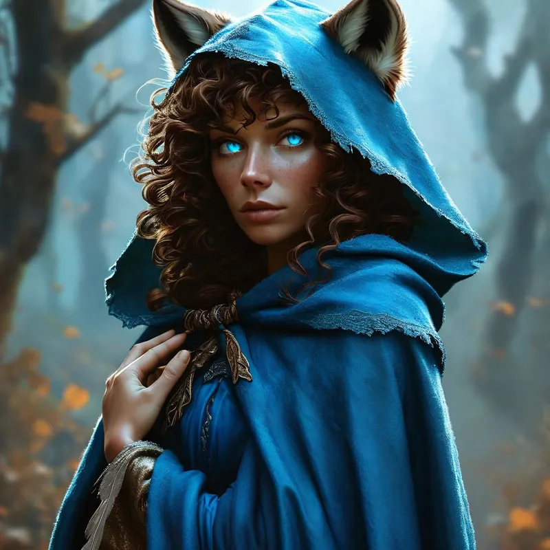 Ice-Eyed Wolf-Hooded Guide - A magical woman stands in a blue hooded cloak with brown curly hair and feathery bangs, and adorable wolf ears stick out at the top. Her icy blue eyes shine with empathy as she offers a comforting hand towards the viewer, suggesting guidance through an unknown journey. - AI image generated with Nova Canvas