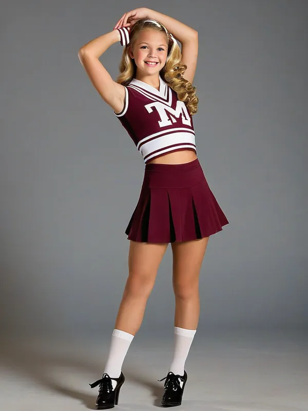 Iconic Cheerleader Poses - A spirited teenager in vintage cheerleader attire strikes confidently athletic poses. Dressed in Texas A&M's maroon and white colors, sheer tan pantyhose, and mandatory 3 inch black high heels, she embodies the energy and charm of a classic cheerleader. Her outfit and poses reflect a beautiful fusion of contemporary athleticism and retro glamor, celebrating the team's storied traditions. - AI image generated with Photorealistic