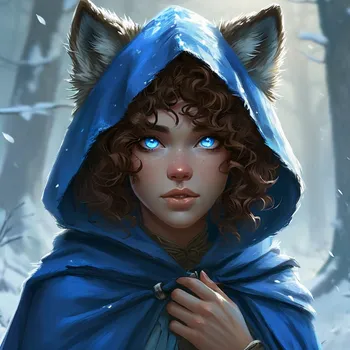 Icy-Eyed Wolf Sorceress Offering Hand