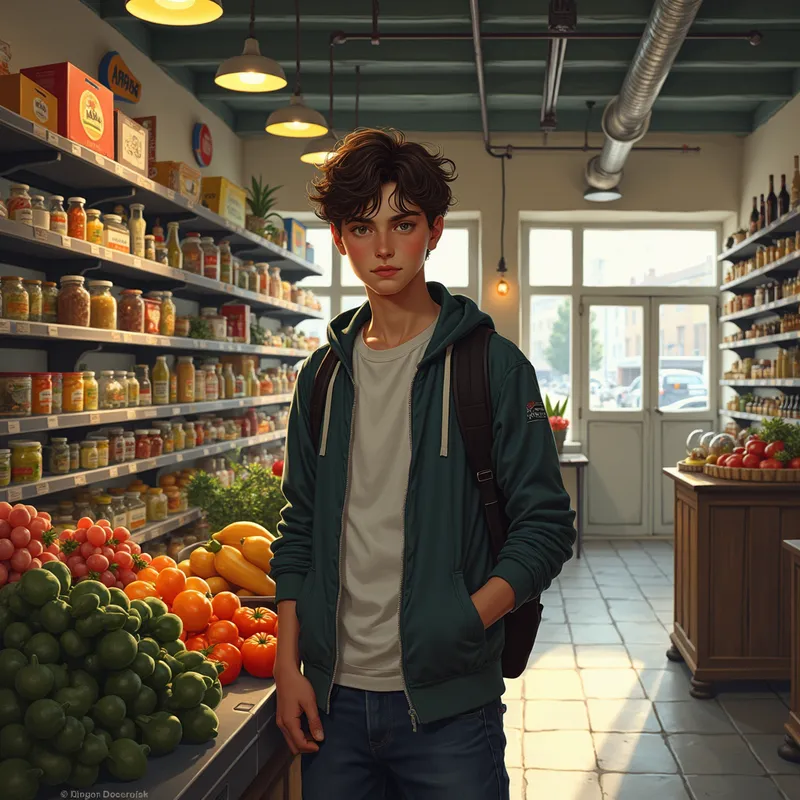 Idealist Miloš's Ambition - Photorealistic. MILOŠ JOVANOVIĆ, 14 years old, idealist and outsider, ambitious student. Background: a picturesque grocery store. - AI image generated with Photorealistic 2