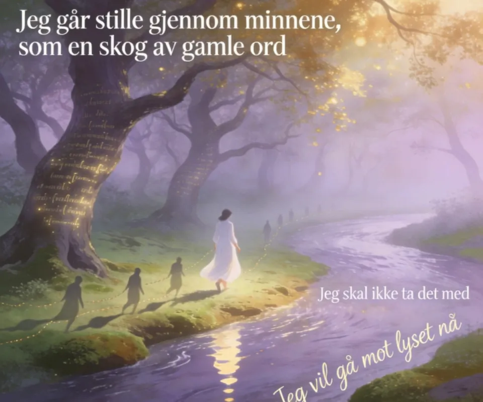 Ikke ta med det gamle mørket - Vers 1
Jeg går stille gjennom minnene, som en skog av gamle ord,
der stemmer jeg aldri ba om, fortsatt hvisker som et kor.
Mennesker som så meg, men aldri helt forsto,
og skygger uten navn som fulgte hvert et skritt jeg tok.
Jeg lærte meg å puste i rom som var for trange,
bar alt for mye skyld i hjertet altfor lenge.
Men tiden er en elv, og jeg står ved dens bredd,
og lover meg selv: Jeg skal ikke ta det med.

Refreng
For jeg prøver å ikke få med meg
hvordan jeg ble behandlet før.
Ikke la det gamle mørket
bli en arv i mine spor.
Jeg vil gå mot lyset nå,
selv om natten roper mer.
Jeg prøver å ikke få med meg
det som aldri var meg verd.

Vers 2
Det finnes usynlige hender som grep i mine år,
som om jeg var en tråd i et spill jeg aldri forsto.
De dro i mine drømmer, de vred på mine valg,
og jeg trodde lenge at det var min egen skyld alt sammen.
Men jeg reiser meg fra støvet, fra alt som ble for tungt,
jeg bærer ikke lenger deres ord i min munn.
For hjertet mitt er større enn det som ble meg gitt,
og jeg sier til meg selv: Dette stopper her, i mitt skritt.

Refreng
For jeg prøver å ikke få med meg
hvordan jeg ble behandlet før.
Ikke la det gamle mørket
bli en arv i mine spor.
Jeg vil gå mot lyset nå,
selv om natten roper mer.
Jeg prøver å ikke få med meg
det som aldri var meg verd.

Bro
La alt som var usagt, falle som regn.
La alt som var urett, renne av min stein.
Jeg er ikke lenger fanget i deres spill,
jeg skriver min egen arv, min egen vilje, min egen stillhet til.

Vers 3
Når jeg ser mot morgenen, kjenner jeg en ny slags fred,
som om verden endelig slipper taket i det som skjedde.
Jeg går videre nå, uten lenker rundt min sjel,
og alt som prøvde forme meg, mister makten når jeg velger selv.
Jeg gir ikke videre det som aldri skulle vært mitt,
jeg lar det dø i natten, i det siste hjerteskrik.
For jeg er mer enn minnene, mer enn alt som ble meg gjort,
og jeg bærer kun det lyset som jeg selv har tent og holdt.

Refreng (siste)
For jeg prøver å ikke få med meg
hvordan jeg - AI video generated with Lite