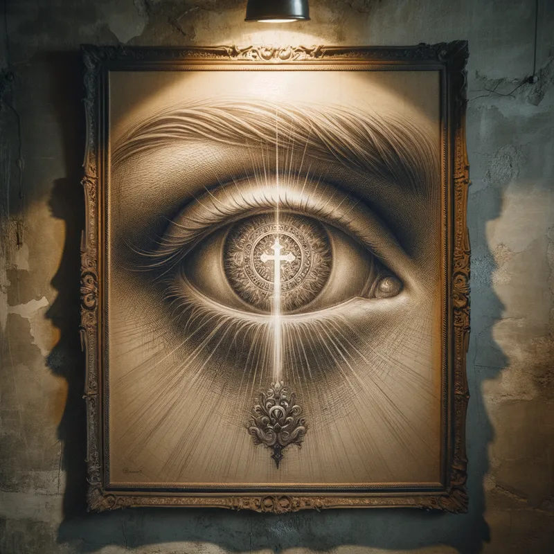 Illuminated Devotion - An antique-style wall portrait showcasing a detailed, sketched illustration of an eye with the sacred cross shining from within, cast in a soft, backlit radiance. - AI image generated with Art - ethereal and inspirational, backlit, antique wall portrait