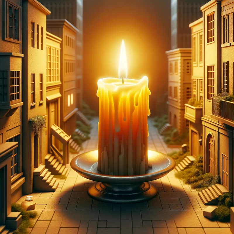 Illuminating Candle - A single candle stands on a pedestal, its flame burning brilliantly. The light from this candle expands outward, transforming into a radiant glow that envelops an entire cityscape. Buildings, streets, and parks are bathed in its warm, golden light, casting long shadows and bringing an otherworldly luminescence to the urban environment. The atmosphere is serene and magical, showing how one small flame can illuminate a vast area. - AI image generated with Art
