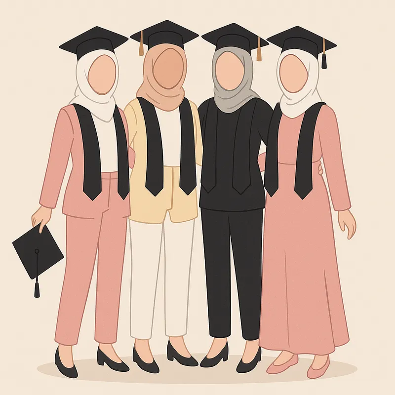 Illustration of four hijabi best friends - Illustration of four hijabi best friends standing close together in a graduation photoshoot. Full-body view, soft pastel colors, clean vector style. Light beige background with subtle shadow effects under feet. All characters have smooth blank faces without facial features (no eyes/nose/mouth), oval-shaped heads. Character 1 (left): - Wearing pink suit (jacket + pants) - White hijab - Holding black graduation cap in hand - Black graduation stole draped over shoulders Character 2: - Baby yellow blazer + white pants - Beige hijab - Black graduation cap on head - Black graduation stole Character 3: - Black blazer + black pants - Grey hijab - Black graduation cap on head - Black graduation stole Character 4 (right): - Pink full-length dress - White hijab - Black graduation cap on head - Black graduation stole All wear identical square black graduation caps and flowing black stoles. They stand in close "best friends" pose with arms around each other's waists/shoulders, showing camaraderie. Academic atmosphere. No text. No faces features just a simple oval shape. - AI image generated with GPT Image