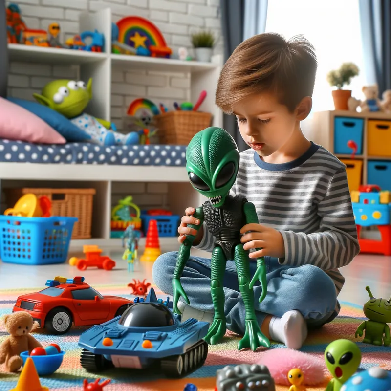 Imagination Knows No Bounds - A young boy sitting in his colorful room, surrounded by various toys, as he imagines an exciting adventure with his alien action figure in hand. - AI image generated with Art