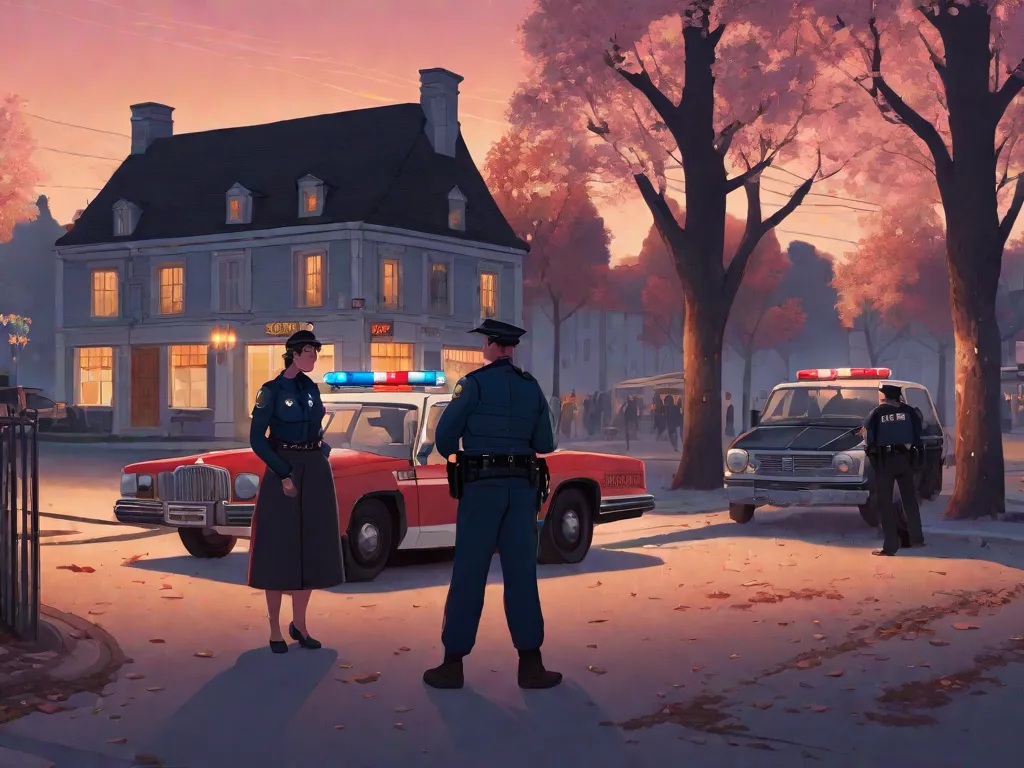 I'm busy right now. Try again later. - a female confectioner and a strong man are arrested by the police in a central square of a small town surrounded by trees at dusk, with people watching and police cars with their sirens on - AI image generated with Fictional