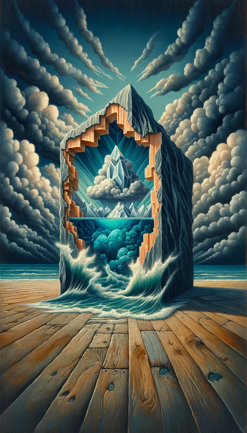 I'm busy right now. Try again later. - oil painting, crystal rock, cutaway 3D, ocean inside, contrasting background - AI image generated with Art - Salvador Dali, double exposure, Van Gogh