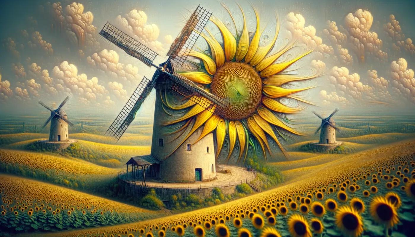 I'm busy right now. Try again later. - A surreal and dreamlike representation of a windmill that seamlessly integrates sunflowers into its design, blurring the boundaries between nature and technology. - AI image generated with Art - Salvador Dali, close-up macro photograph, Giorgione