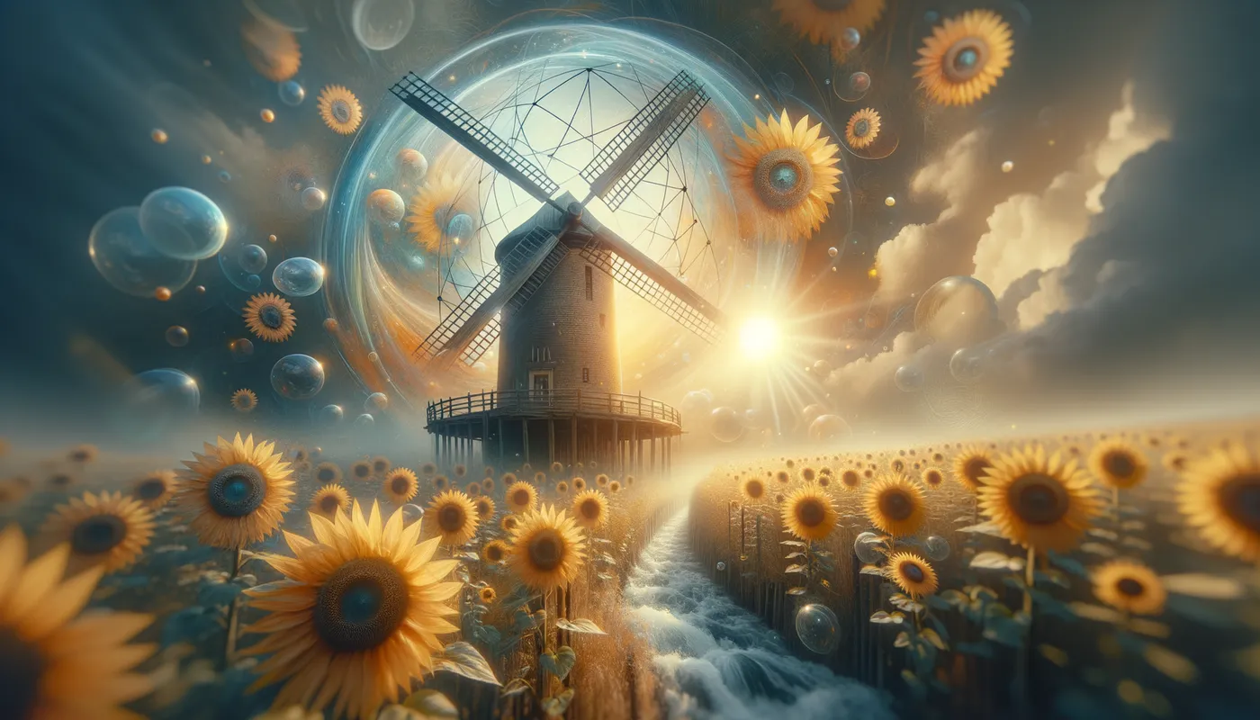 I'm busy right now. Try again later. - A surreal and dreamlike representation of a windmill that seamlessly integrates sunflowers into its design, blurring the boundaries between nature and technology. - AI image generated with Art - Salvador Dali, close-up macro photograph, Giorgione