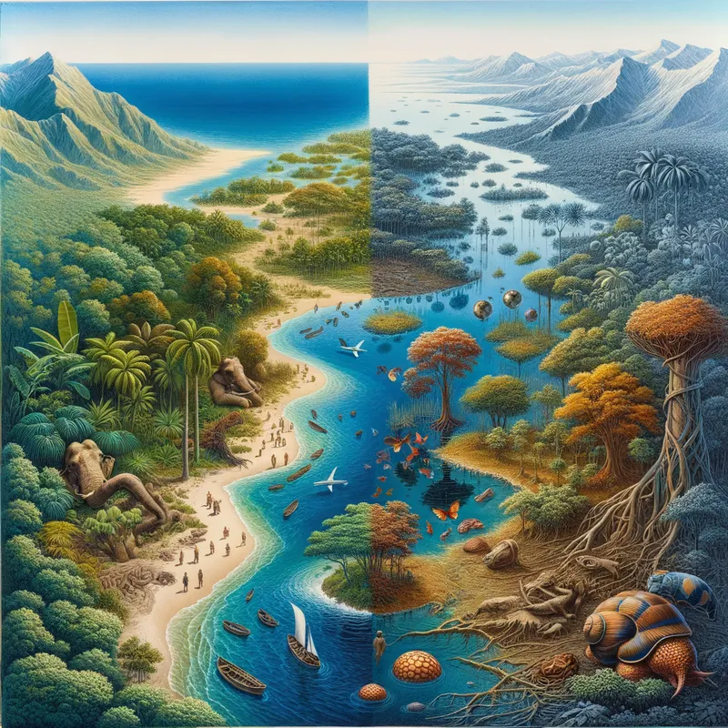 Impact on Nature - A contrasting landscape showing before and after the Columbian Exchange: on one side, a pristine New World ecosystem with native flora and fauna, and on the other side, an altered environment with introduced European species. - AI image generated with Art - aquarelle, aerial view