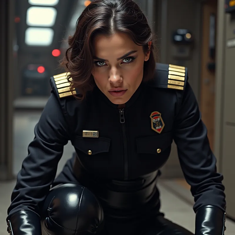 Imperial Femme Dominatrix - A Star Wars-inspired scene featuring a powerful femme dominatrix dressed in an Imperial officer's uniform, complete with shiny black leather boots. She is crouched down, making intense eye contact with the viewer, exuding confidence and authority. The background features elements of a starship interior, with subtle sci-fi lighting and technology. - AI image generated with Photorealistic 2