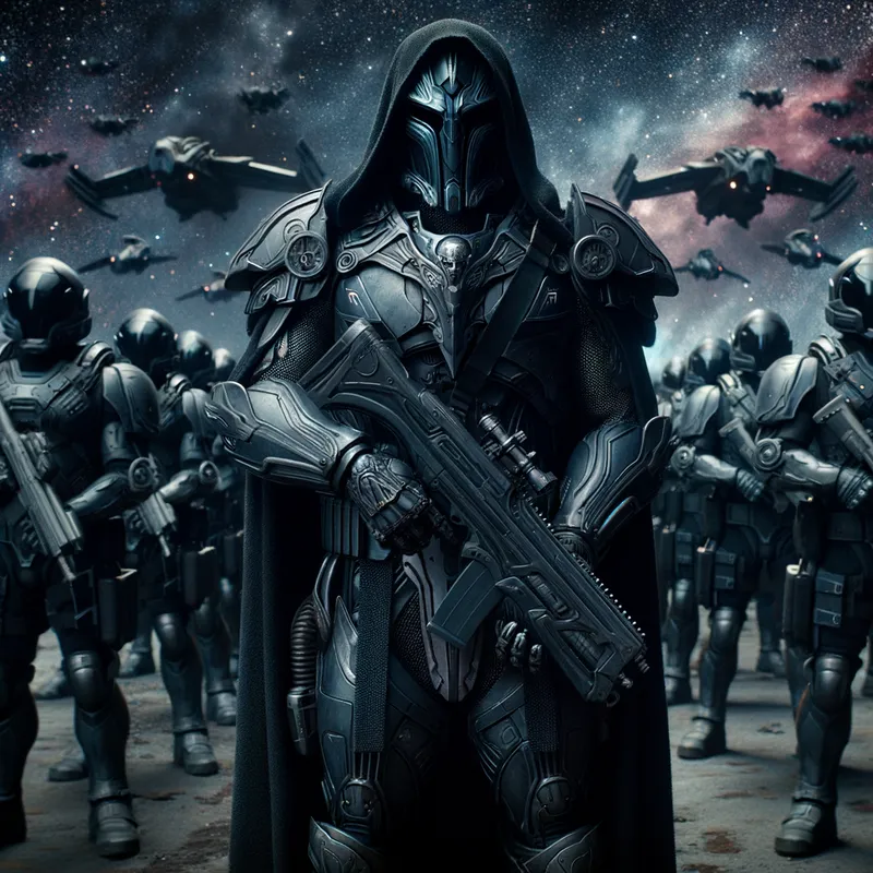 Imperial Warrior - A majestic composition featuring Darth Vader integrated into a Space Marine battalion, showcasing their advanced technology and battle-ready stance. - AI image generated with Art