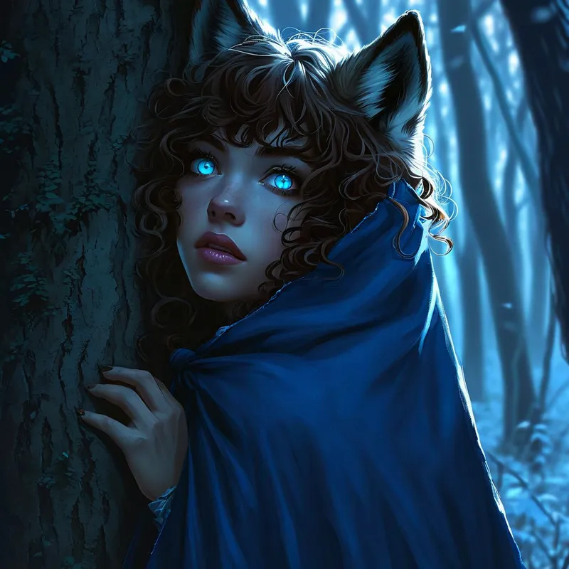 In a moonlit forest, a woman with blue e - In a moonlit forest, a woman with blue eyes and curly brown hair with bangs, clad in a shadowed blue cloak That covers her face, she leans nonchalantly against a tree. Wolf ears are visible atop her head under the cloak. Her smirk and gaze hint at untold mysteries. - AI image generated with Nova Canvas