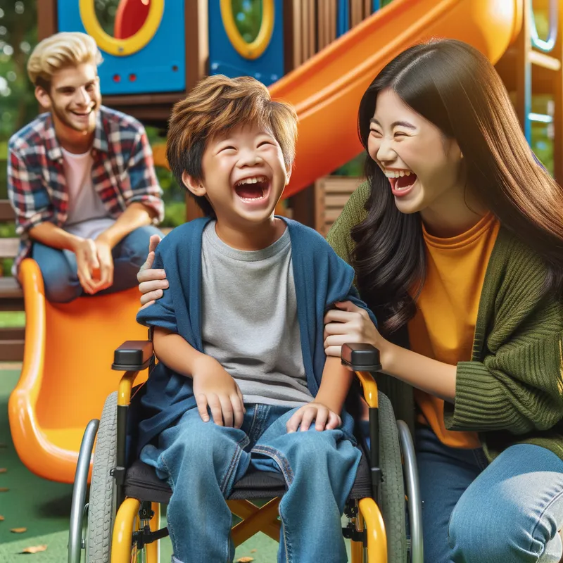 Inclusive Childhood - A heartwarming scene of a child in a wheelchair and their friend playing together in a park. The child in the wheelchair is smiling brightly, with colorful playground equipment in the background. Both children are engaged in an activity, displaying joy and inclusivity. - AI image generated with Art