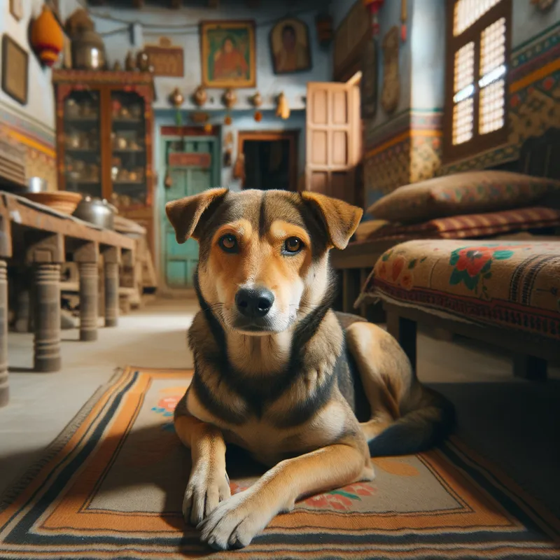 Indian Home, Resting Pup - a dog resting in an indian household - AI image generated with Art