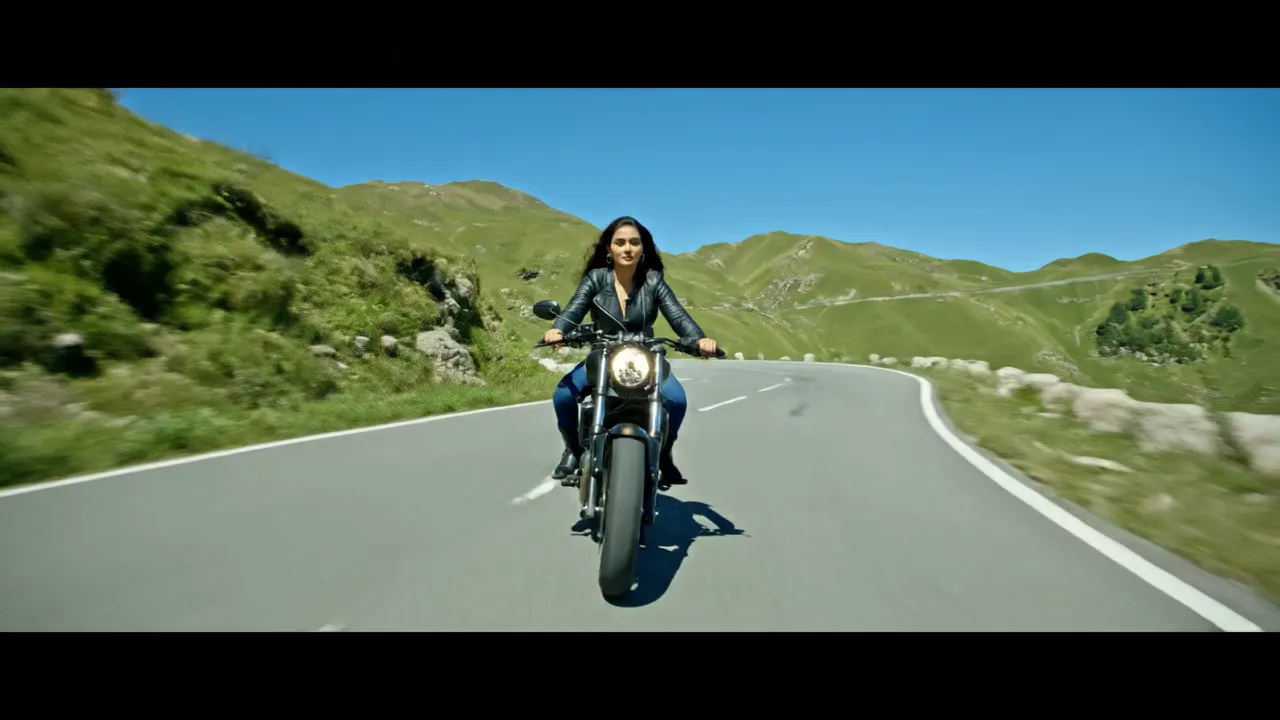 Indian Model Riding Motorcycle in Hills - a hot and sexy indian model driving a motorcycle in hilly road - AI video generated with Veo 3