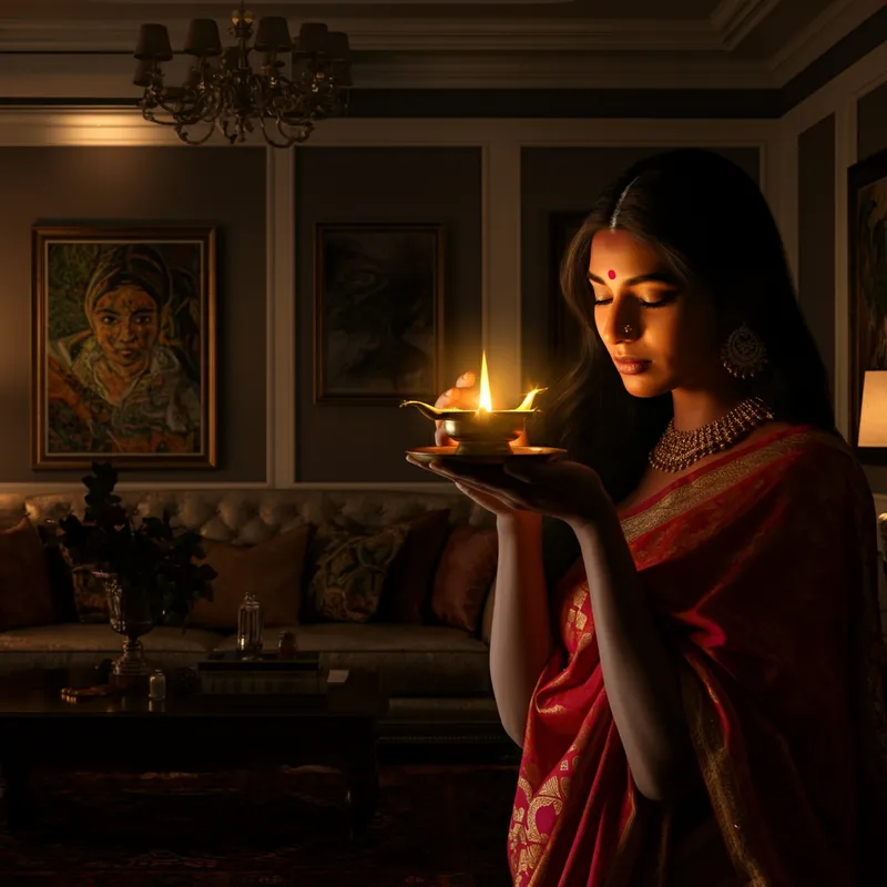 Indian Woman with Lamp in Elegant Room - A high-resolution realistic photo showing a beautiful Indian woman in her living room, holding a traditional lamp that illuminates her face. The decor features artwork and plush furnishings, creating a welcoming and sophisticated environment. - AI image generated with Imagen 3
