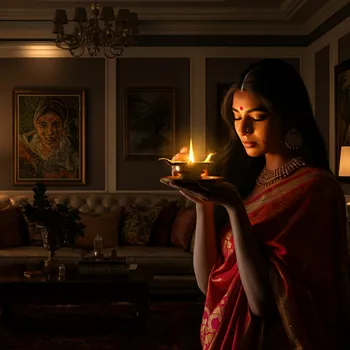 Indian Woman with Lamp in Elegant Room