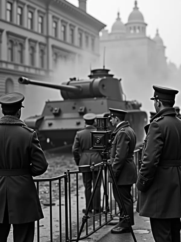 Industrial Aftermath - Onlookers in flat caps and wool scarves gather behind police barricades, their faces a mix of anger and grief as they watch a team of engineers in three-piece suits examine the wreckage of a tank. The background features period tools such as brass calipers, a kerosene lantern, and a Kodak camera on a tripod documenting the scene. - AI image generated with Photorealistic 2
