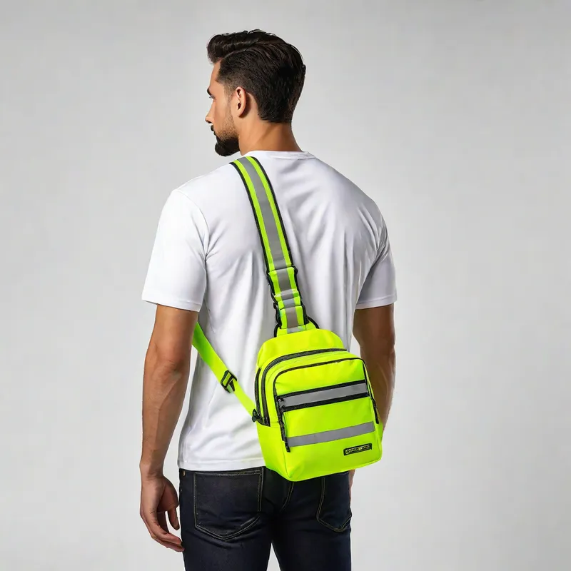 Industrial Hi-Viz Sling Bag Front View - Lightweight construction sling bag with hi-viz reflective trim, showcasing dual compartments and rugged dust-proof material. Displayed on a clean white background in a modern product mockup style. - AI image generated with Stable Diffusion XL