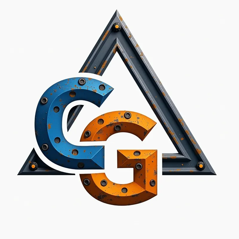 Industrial Triangle Logo - An industrial-themed logo with the letters C, L, and G all separated from each other and not combined resembling a steel structure. Have it form a triangle in the order of C L and G. highlighted in blue and orange colors. Make it the exact same thing just make the G blue - AI image generated with Photorealistic 2