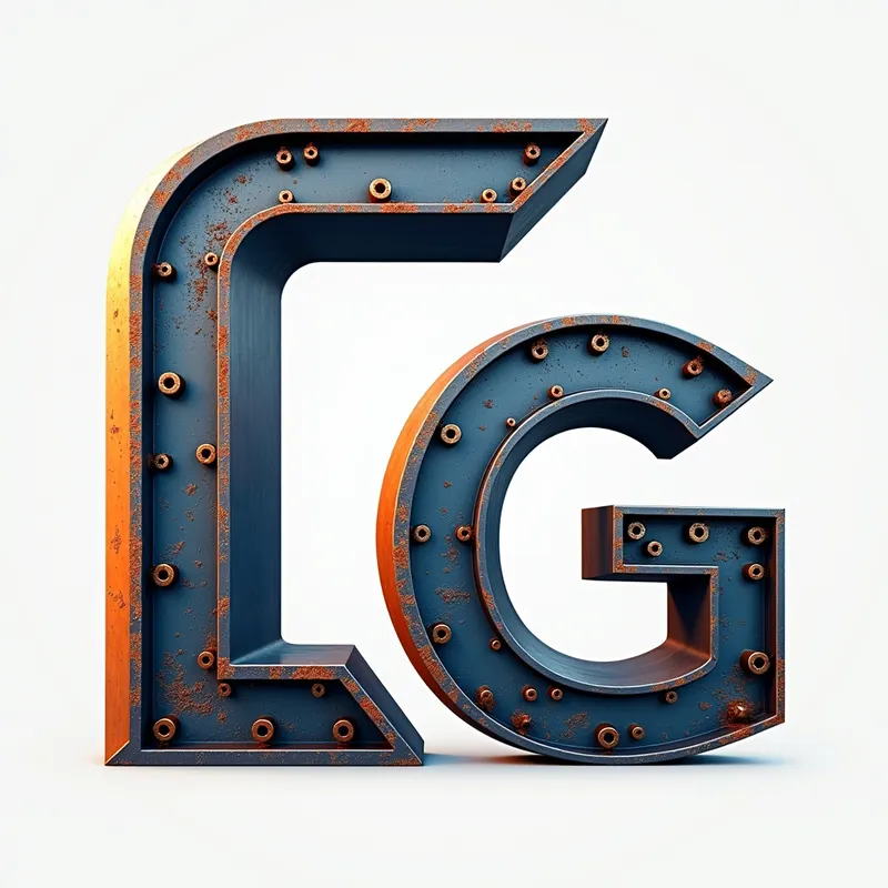 Industrial Triangle Monogram - An industrial-themed logo with the letters C, L, and G all separated from each other and not combined resembling a steel structure. Have it form a triangle. highlighted in blue and orange colors. - AI image generated with Photorealistic 2