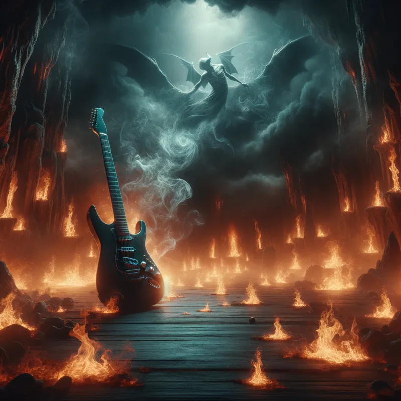 Infernal Guitar Riff - electric guitar, darkness, flames, hell, smoke - AI image generated with Art