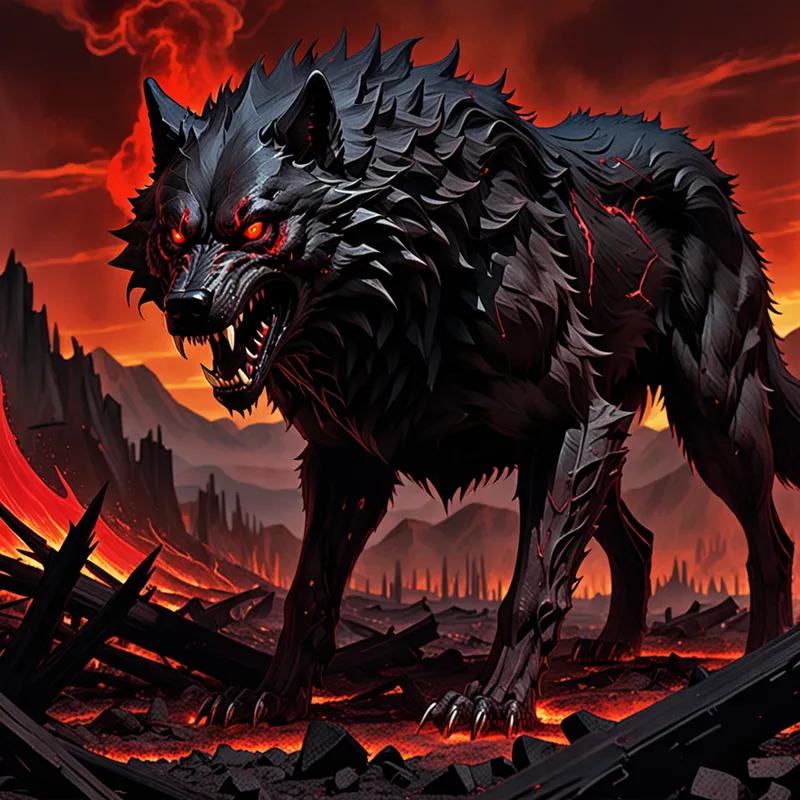 Infernal Lupine Guardian - A huge, sinister wolf-like creature dominates a scorched landscape. The beast’s fur is a charred, almost smoky black, giving it a singed appearance. Its oversized fangs gleam sharply, while deep, pulsing violent red eyes glare with an unnatural intensity, casting an eerie crimson light onto the world around it. - AI image generated with Fictional