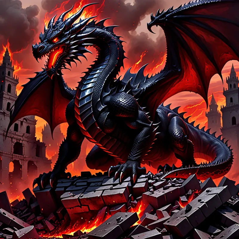 Infernal Obsidian Dragon - A gigantic dragon covered head-to-toe in shimmering black scales, lying atop a pile of smoldering ruins. Its eyes radiate an intense, pupil-less crimson light that projects pure fury, with the air around its head warped by heat and power. - AI image generated with Fictional - fantasy art