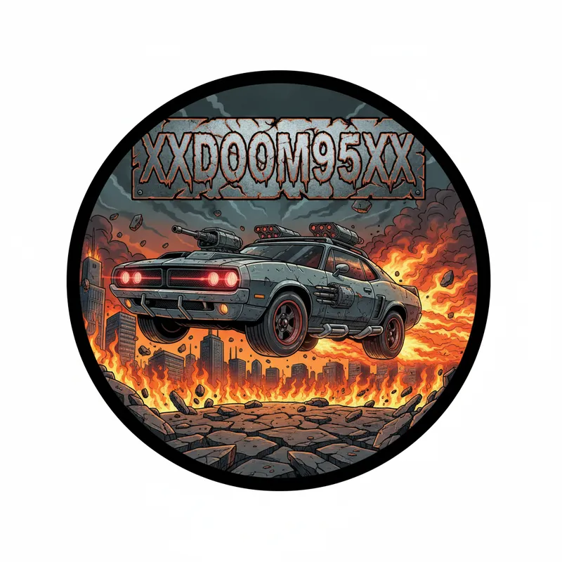 Inferno City Car Chase - A circular vector image portraying a weaponized car with scarlet headlights flying over cracked debris, surrounded by a city consumed in fire. Action-packed chaos dominates the sticker, with fiery effects and bold, damaged text 'XXDOOM95XX' at the top. - AI image generated with Nano Banana