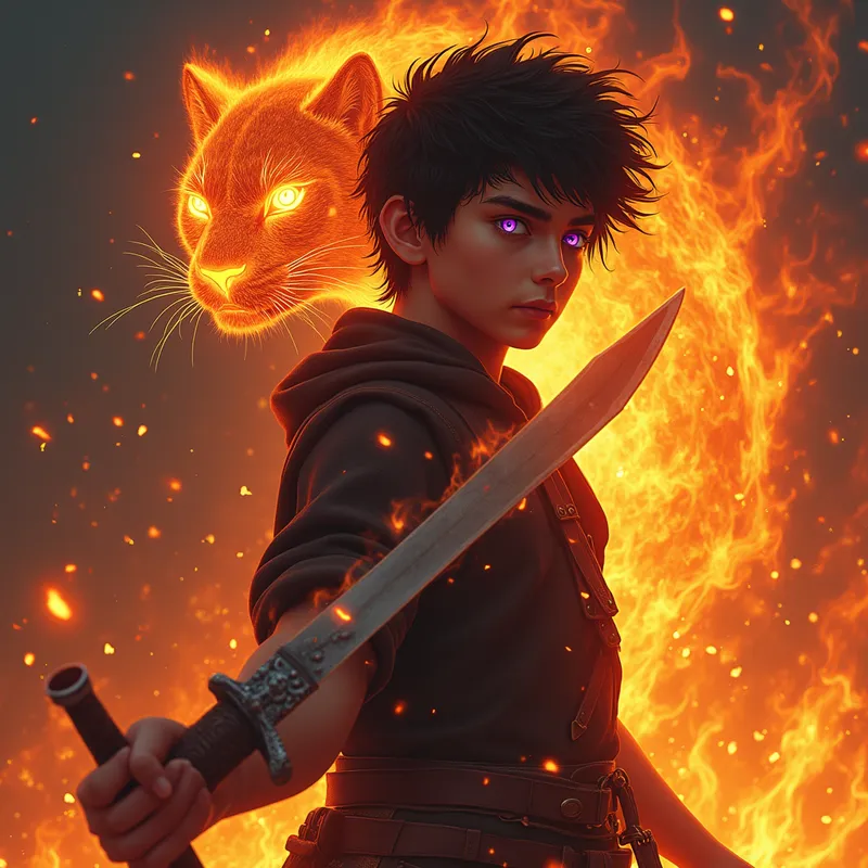 Inferno Duelist - Amidst a sea of fire, a striking young man with wild, short dark brown hair and vibrant purple eyes grips his sword with confidence. Behind him, flames coil upward to reveal the form of a fierce panther with burning red eyes, ready to pounce into battle. - AI image generated with Photorealistic 2 - over-the-shoulder