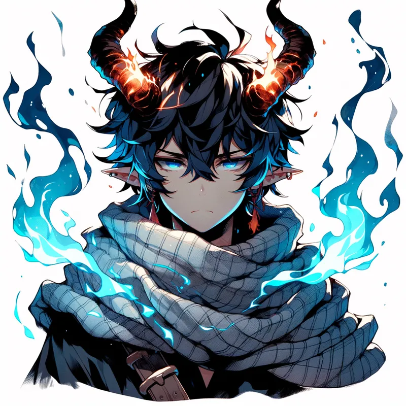 Inferno Guardian - An anime-style character with dark skin, wild black hair, and fiery horns. Flames emanate from his ears, and he wears a large, soft scarf. Blue flames flicker around him. - AI image generated with Art