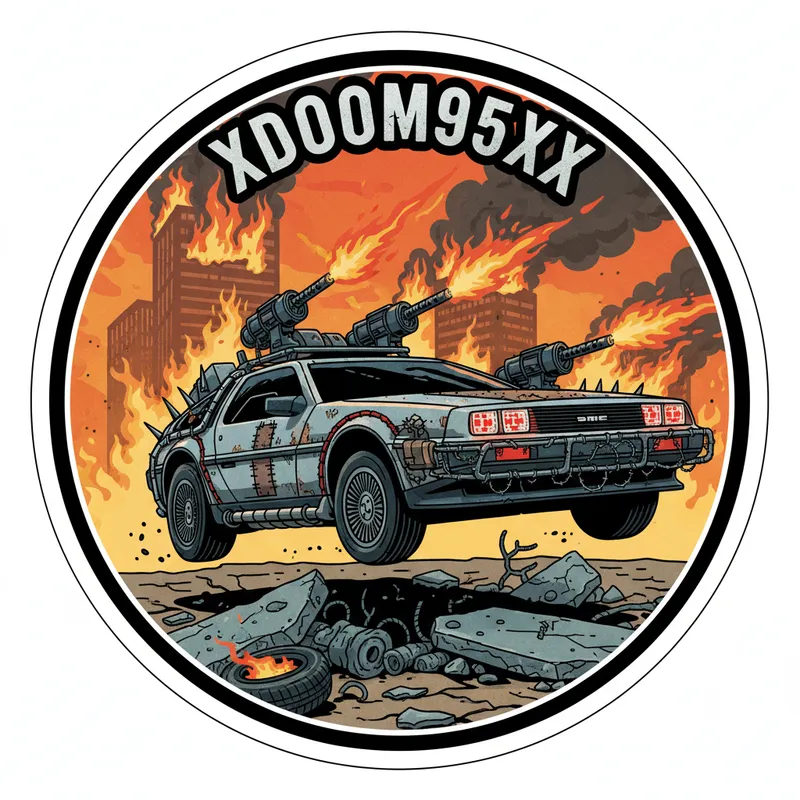Inferno Highway DeLorean Sticker - Create a circular vector art sticker featuring a futuristic DMC DeLorean, styled after Mad Max with armor and attached machine guns firing. The red headlights blaze as the car jumps over broken road debris amid burning skyscrapers. The sticker includes stylized text 'XXDOOM95XX' curving across the top edge. - AI image generated with Nano Banana