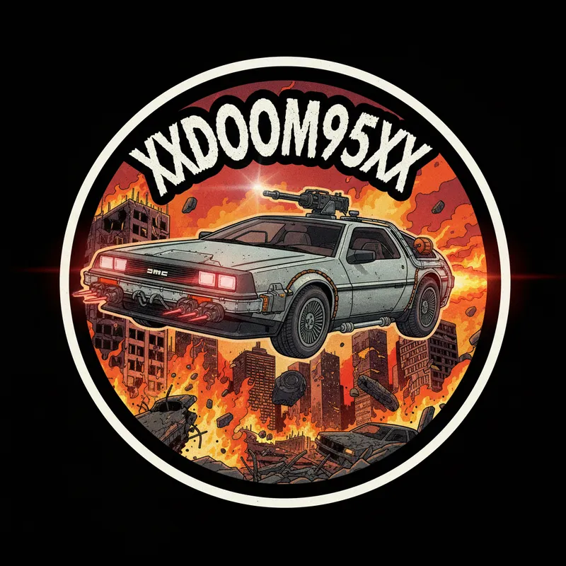 Inferno Velocity - Generate a high-energy circular sticker image showing a battle-ready DMC DeLorean, bristling with armor and mounted weaponry, mid-flight over broken debris in a city engulfed in flames and chaos. Red headlights pierce through the destruction, and 'XXDOOM95XX' is emblazoned at the top in a distressed font. - AI image generated with Nano Banana