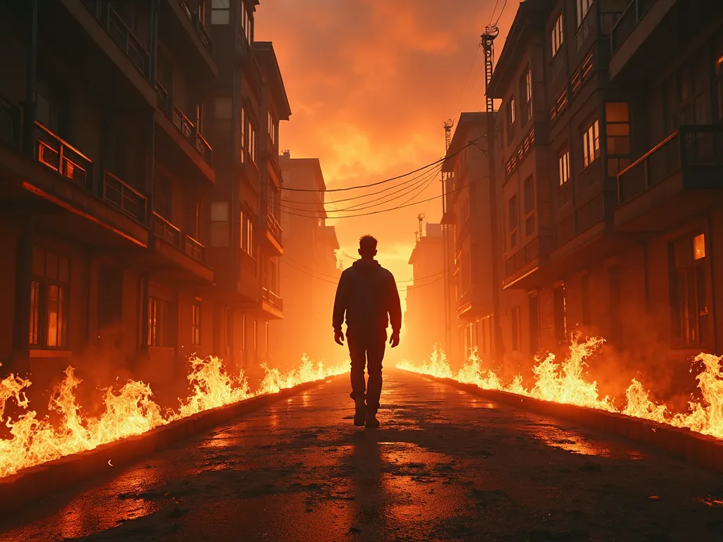 Inferno's Ascent - man walking in dark flames with a city behind him - AI image generated with Photorealistic 2