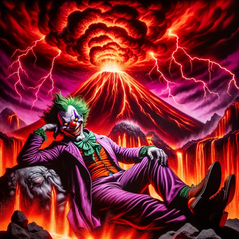 Inferno's Clown - An eerie portrayal of the Joker lounging on Mount Etna, highlighted by intense red lightning that streaks across the heavens above. - AI image generated with Art