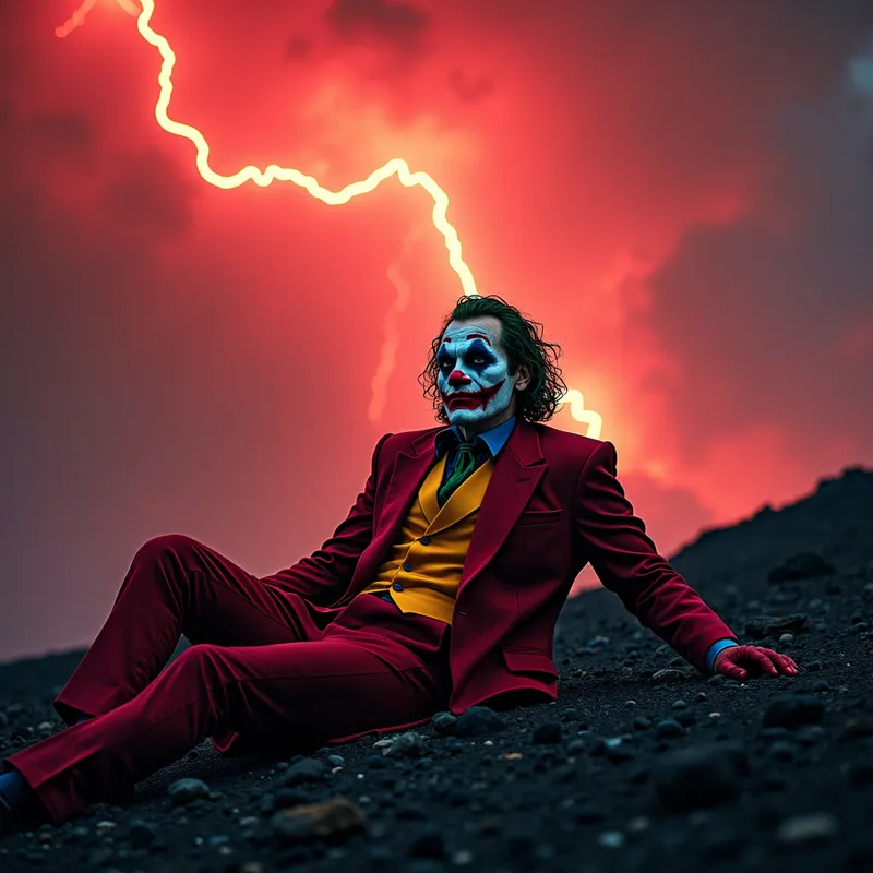 Inferno's Clown - An eerie portrayal of the Joker lounging on Mount Etna, highlighted by intense red lightning that streaks across the heavens above. - AI image generated with Photorealistic 2
