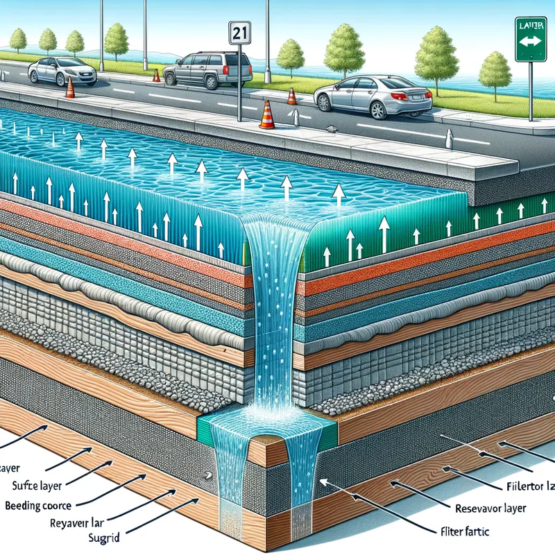 Infiltration Pathway Illustration - A step-by-step visual rendering of water flowing through a pervious pavement system in a parking lot. Depict each layer and its thickness, alongside directional arrows for water flow, and provide insightful callouts for the purpose of the surface layer, bedding course, reservoir layer, filter fabric, and subgrade. - AI image generated with Art