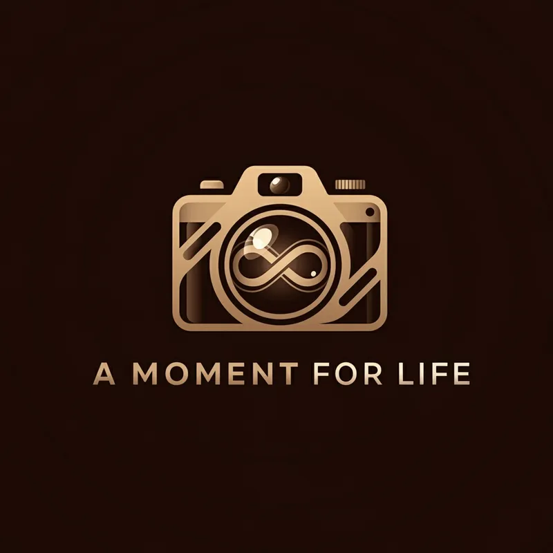 Infinite Flashmark - A futuristic logo showcasing a stylized camera with a subtle infinity symbol blended into the lens. 'A Moment For Life' is presented below in a clean, sans-serif typeface. - AI image generated with Imagen 3 - sepia tone